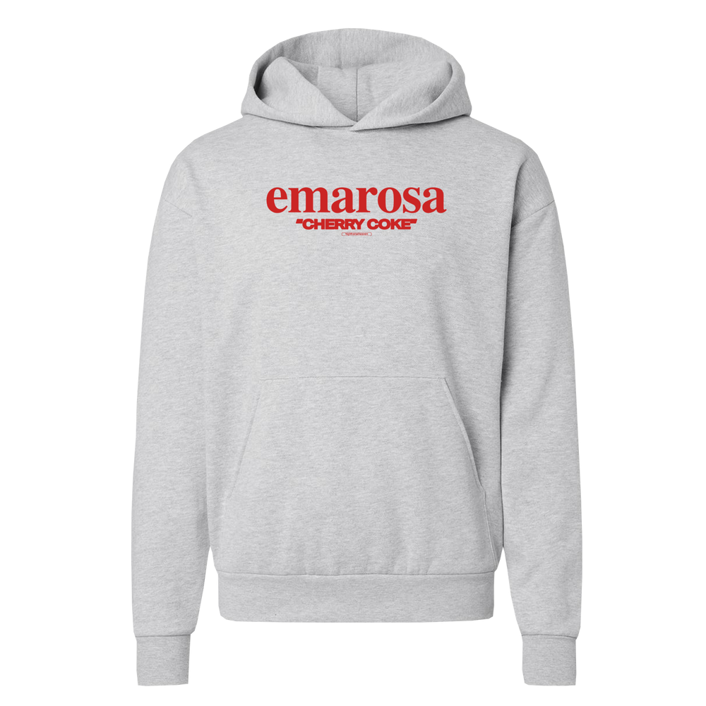 A light gray Emarosa hoodie with "CHERRY COKE" in bold red across the chest, featuring a hood and front pocket, with plain sleeves and back.