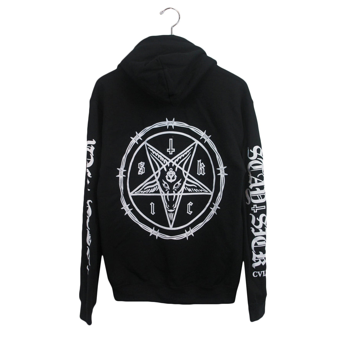 Stay Sick Clothing black hoodie on a hanger featuring a large white pentagram with barbed wire graphic on the back, plus white text and symbols printed along both sleeves.