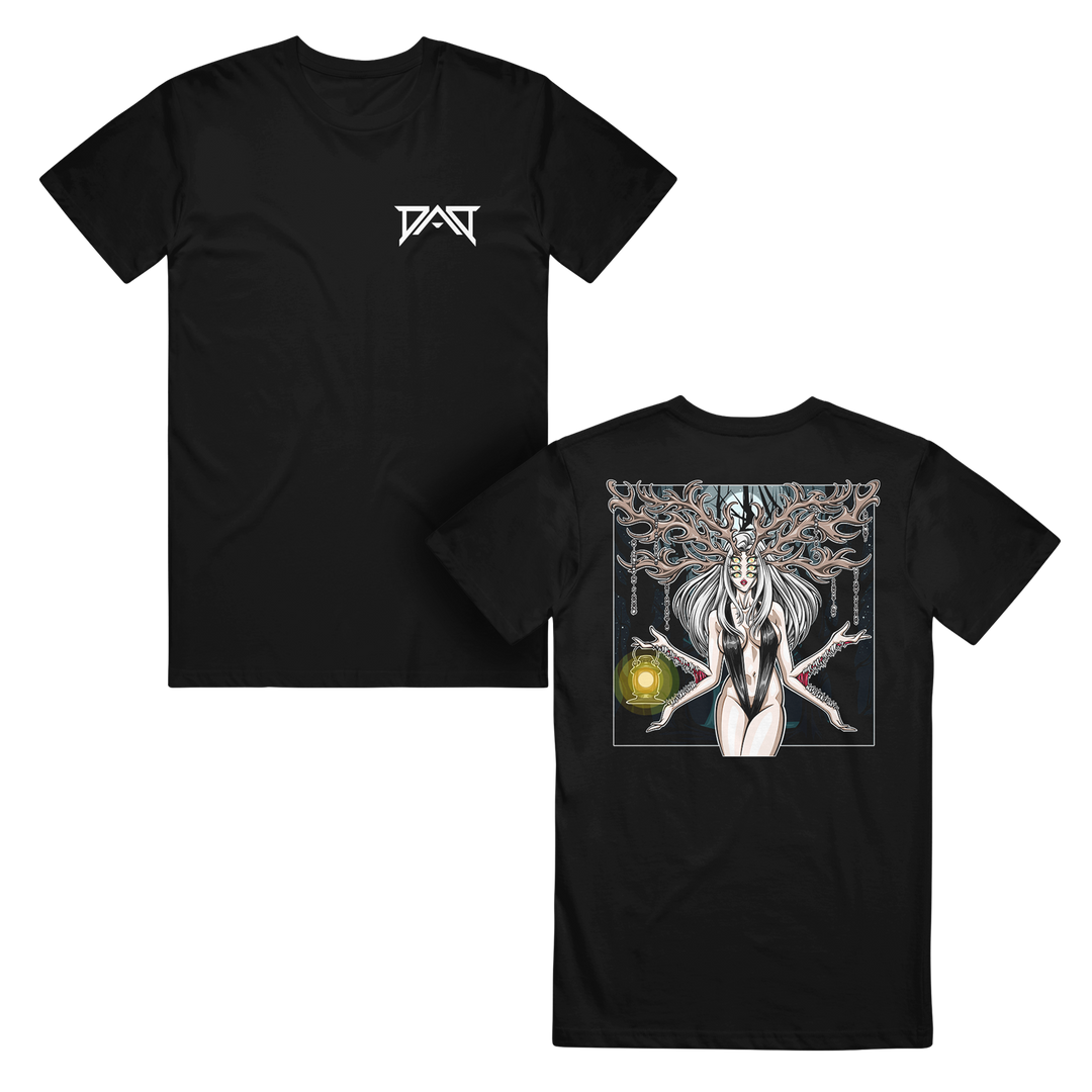 The Dead Air Divine black T-shirt features a modern classic fit in soft ring-spun cotton, with a small white geometric chest logo and a detailed mystical female with antlers and a glowing orb illustrated on the back.