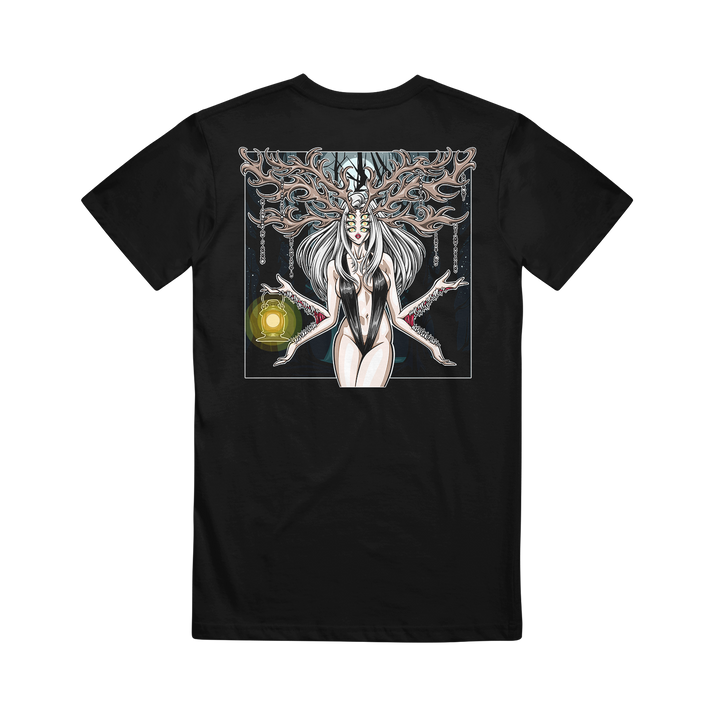 Dead Air Divine black tee in soft ring-spun cotton with a modern fit, showcases a mystical antlered woman in white body paint holding a glowing yellow lantern, finished with decorative hanging chains.