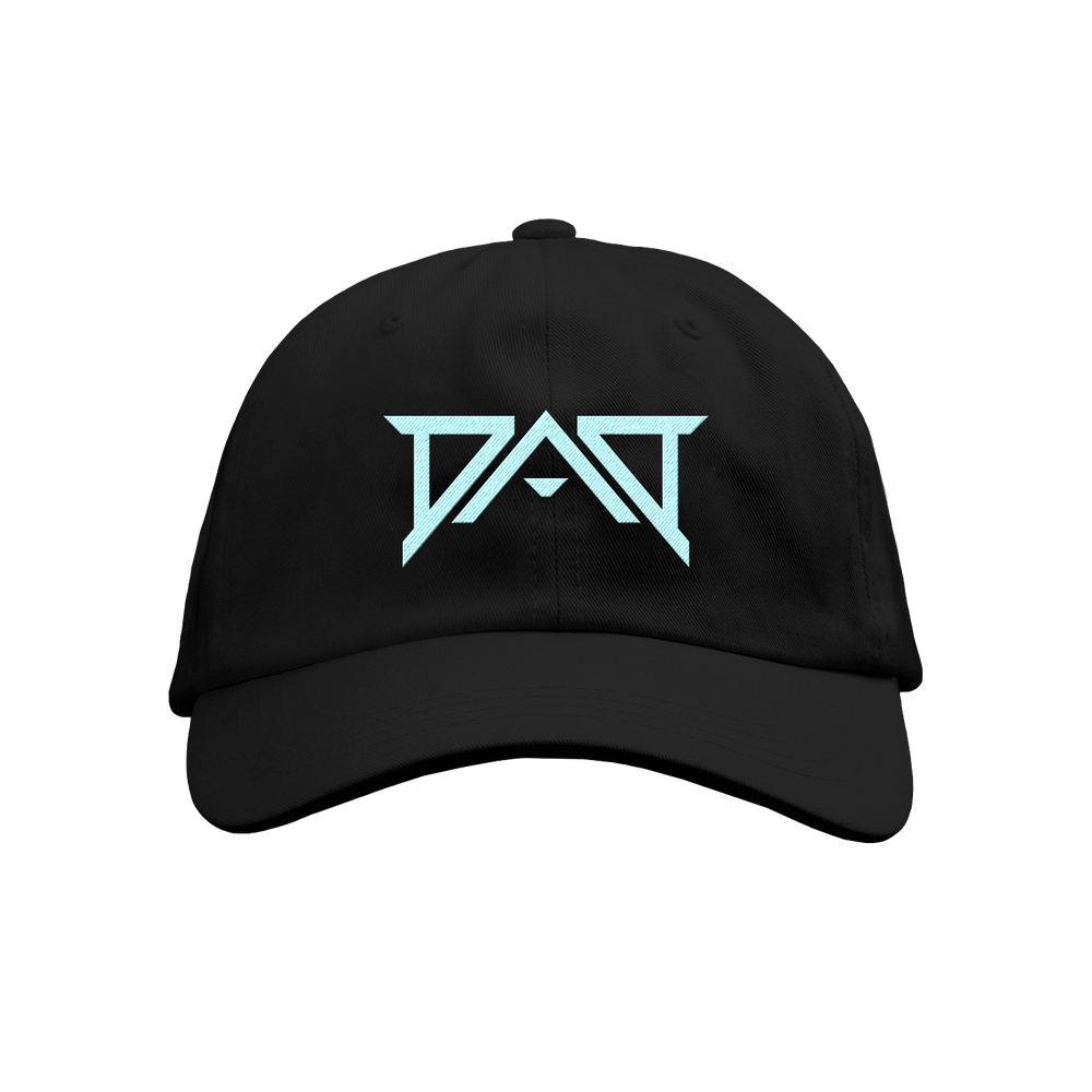 A black Dead Air Divine baseball cap with an angular light blue DAD logo on the front, set against a plain white background.