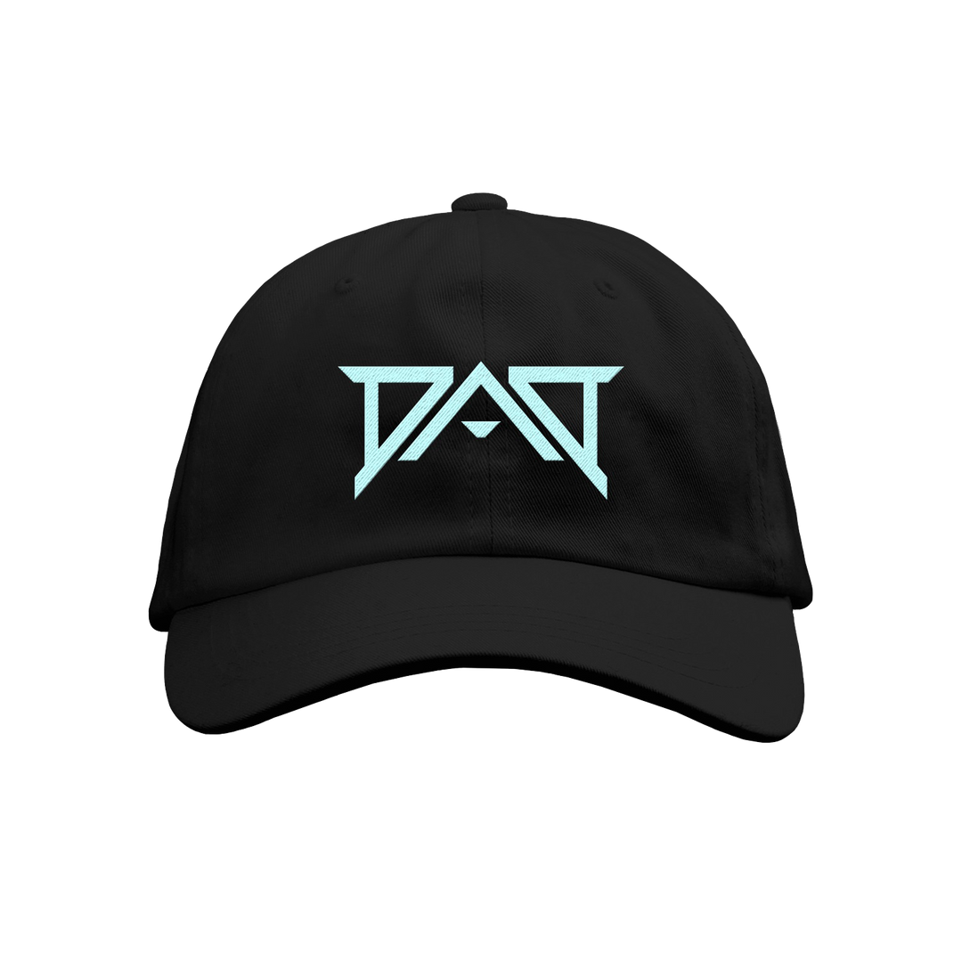 A black Dead Air Divine baseball cap with an angular light blue DAD logo on the front, set against a plain white background.