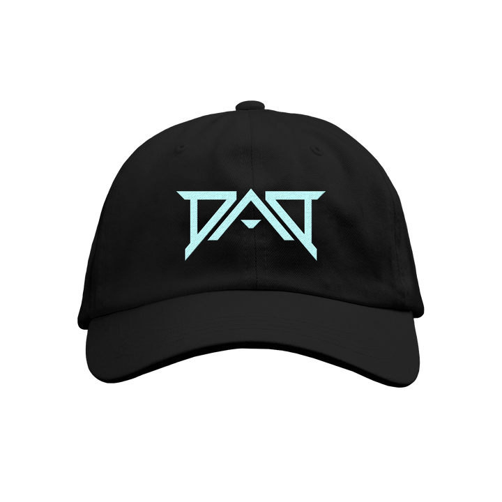 A black Dead Air Divine baseball cap with an angular light blue DAD logo on the front, set against a plain white background.