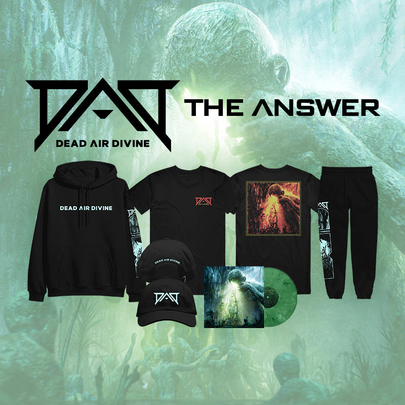 Collection of Dead Air Divine merchandise including hoodies, t-shirts, and a cap on a green background.