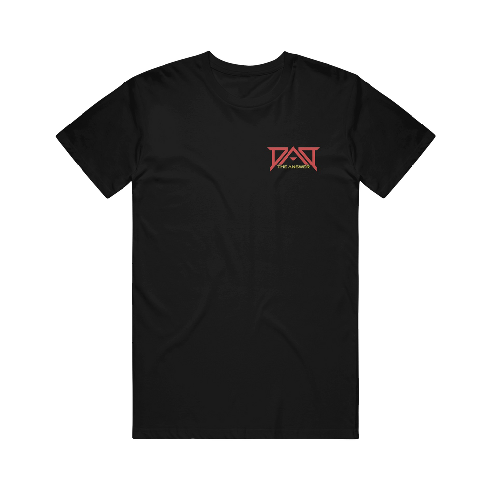 Dead Air Divine black t-shirt in classic fit, 100% cotton, with a small red and white “PAST” above “THE ANSWER” on the left chest. Shown on a plain white background.