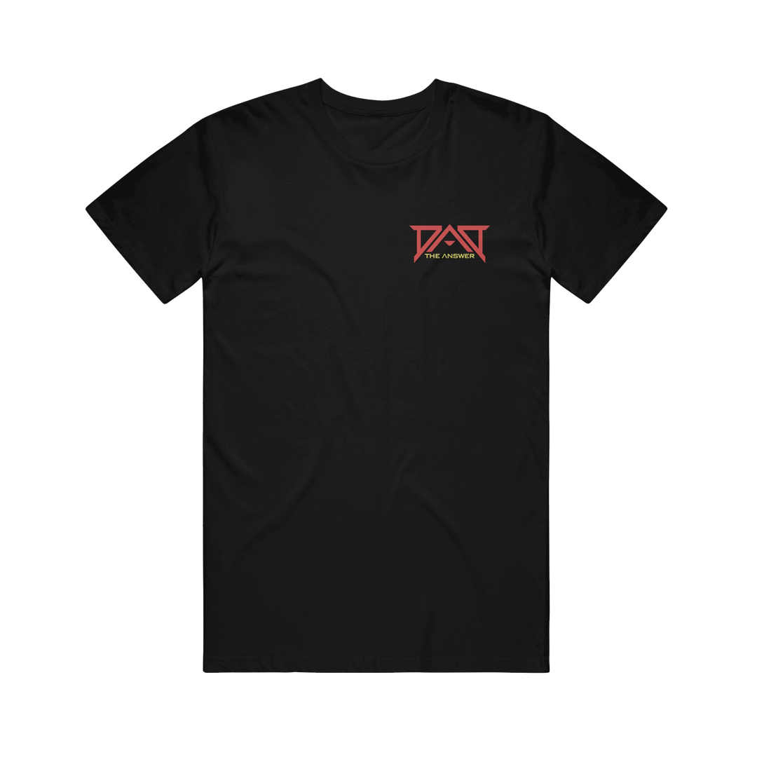 Dead Air Divine black t-shirt in classic fit, 100% cotton, with a small red and white “PAST” above “THE ANSWER” on the left chest. Shown on a plain white background.