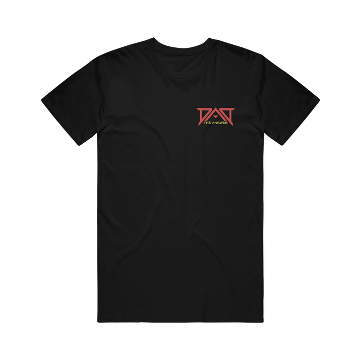 Dead Air Divine black t-shirt in classic fit, 100% cotton, with a small red and white “PAST” above “THE ANSWER” on the left chest. Shown on a plain white background.