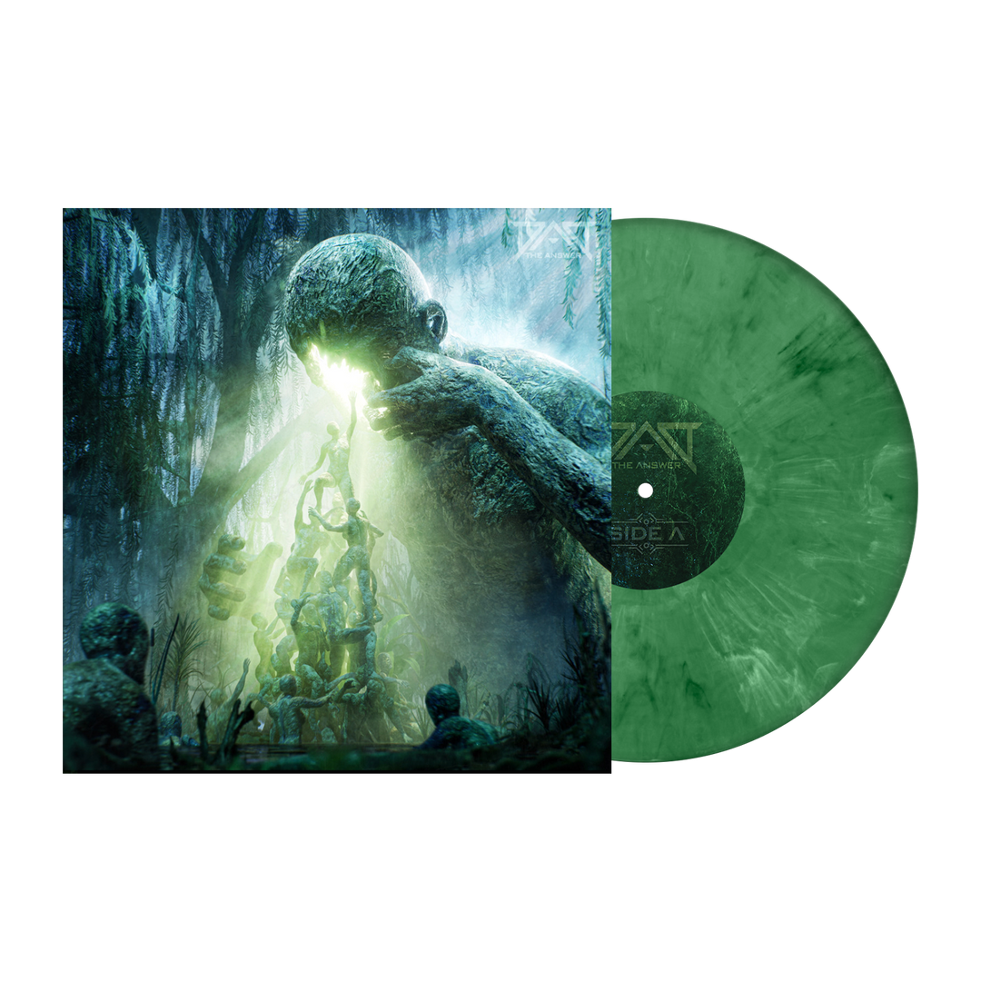 A green marbled vinyl from Dead Air Divine is partially slid from its cover, which shows artwork of a glowing, mossy figure in a misty forest—an ethereal scene inspired by "Breathing Underwater" and Holiness Of A Cannibal.