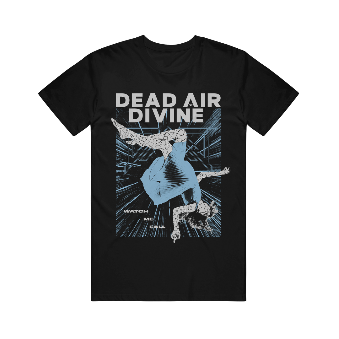 Dead Air Divine black t-shirt made from soft ring-spun cotton features a comic-style figure in a blue outfit upside down with arms outstretched and abstract lines. Text reads DEAD AIR DIVINE and WATCH ME FALL. Modern classic fit for comfort.