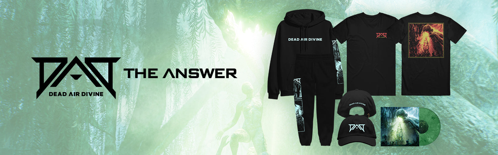 Dead Air Divine merchandise including t-shirts, hoodie, and vinyl album on a green and white background.