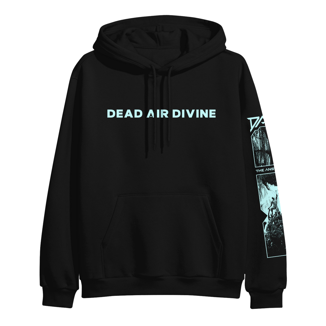 Dead Air Divine classic fit pullover hoodie in a cotton-polyester blend, with “DEAD AIR DIVINE” light blue chest print and blue-toned vertical sleeve graphics.
