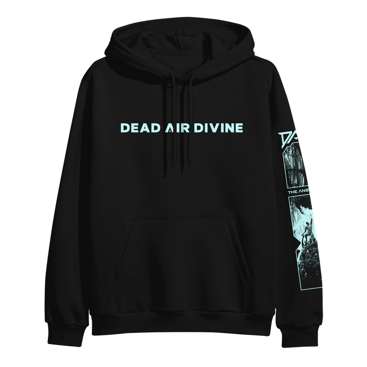 Dead Air Divine classic fit pullover hoodie in a cotton-polyester blend, with “DEAD AIR DIVINE” light blue chest print and blue-toned vertical sleeve graphics.