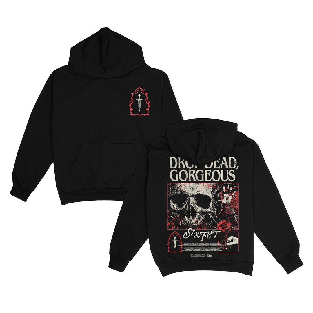 Drop Dead, Gorgeous midweight black ring-spun cotton pullover hoodie featuring a small red cross and arch on the front, and bold DROP DEAD, GORGEOUS text with skulls and gothic artwork in red and white graphics on the back; classic fit.