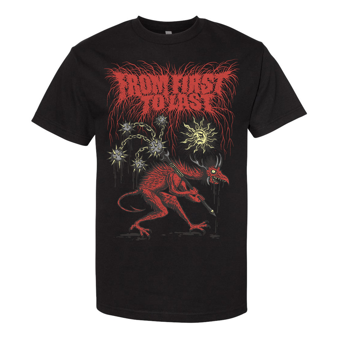 Black T-shirt with a red, beast-like creature and spiky orbs. Above the creature, stylized red text reads Iron Lung Toast. The design is aggressive and artistic, with a dark, metal band aesthetic.