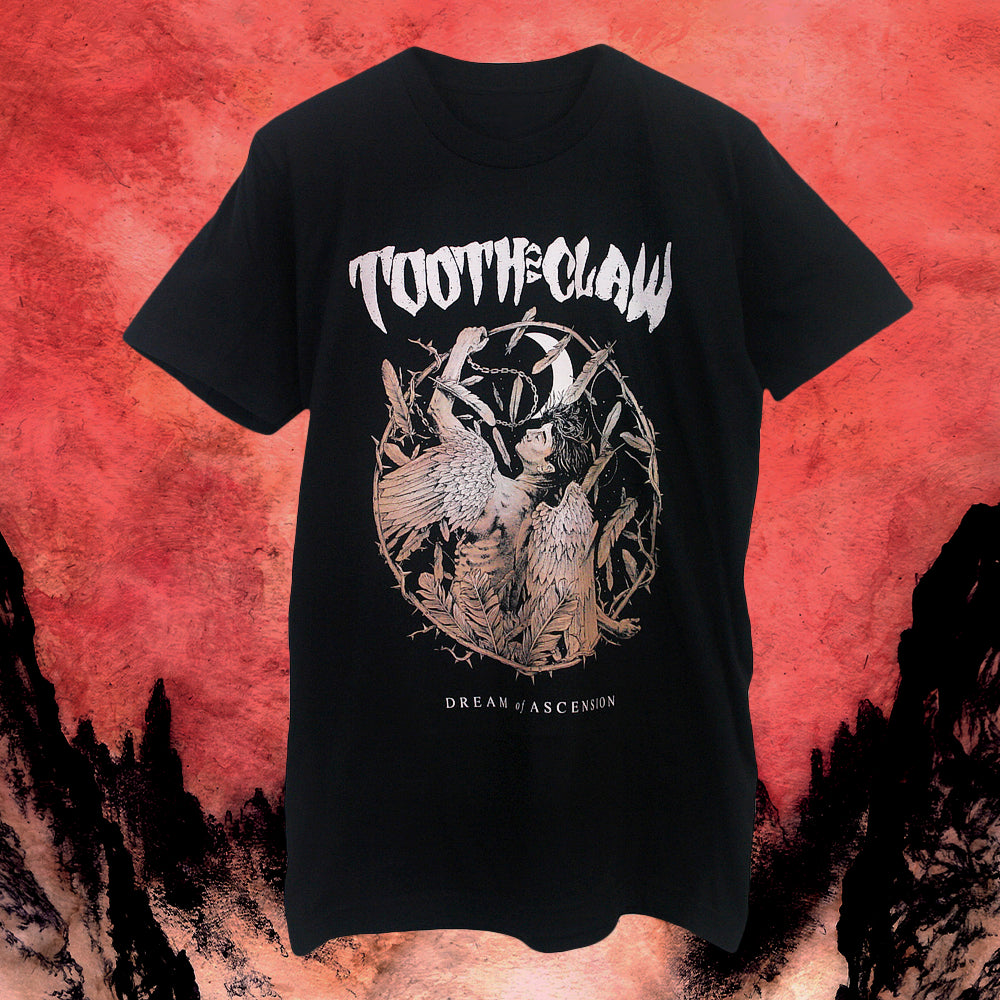 A black ringspun cotton T-shirt by Tooth And Claw with "TOOTH & CLAW" in bold white above detailed birds and branches art. "DREAM / ASCENSION" is printed below on a textured red and black background.