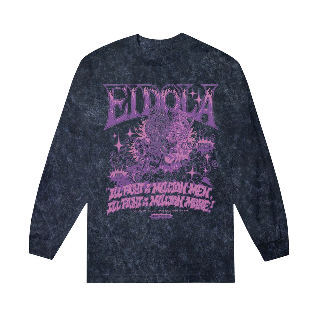 A navy long sleeve shirt by Eidola featuring a purple, intricate graphic and the text: “EIDOLA” and “I'll fight a million fakes, I'll fight a million more!” on the front.