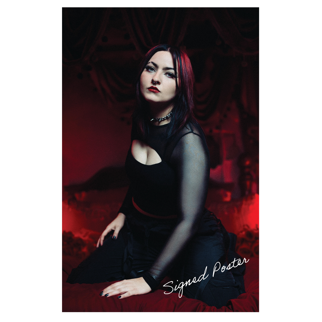A dark-haired woman with red highlights poses on a red surface in a gothic-inspired setting, wearing a sheer black top and choker. "Signed Poster" appears in white script. Shipped in a poster tube by Sorry X.