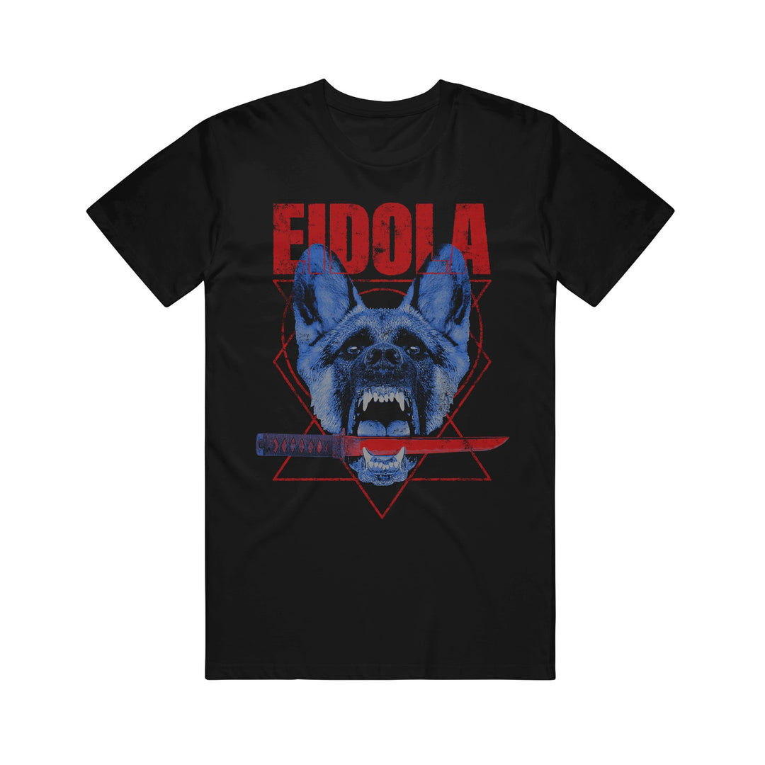 Black Gildan Heavy T-shirt by Eidola featuring a blue snarling dog's head, a red knife below its mouth, and bold red Eidola text above—a standout printed tee.