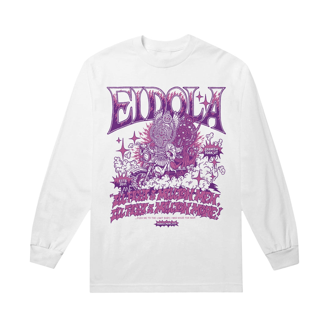 Eidola long sleeve shirt in white featuring intricate purple artwork, Eidola branding at the top, a surreal detailed design, and stylized text below. This psychedelic shirt is perfect for any fantasy prodigy.