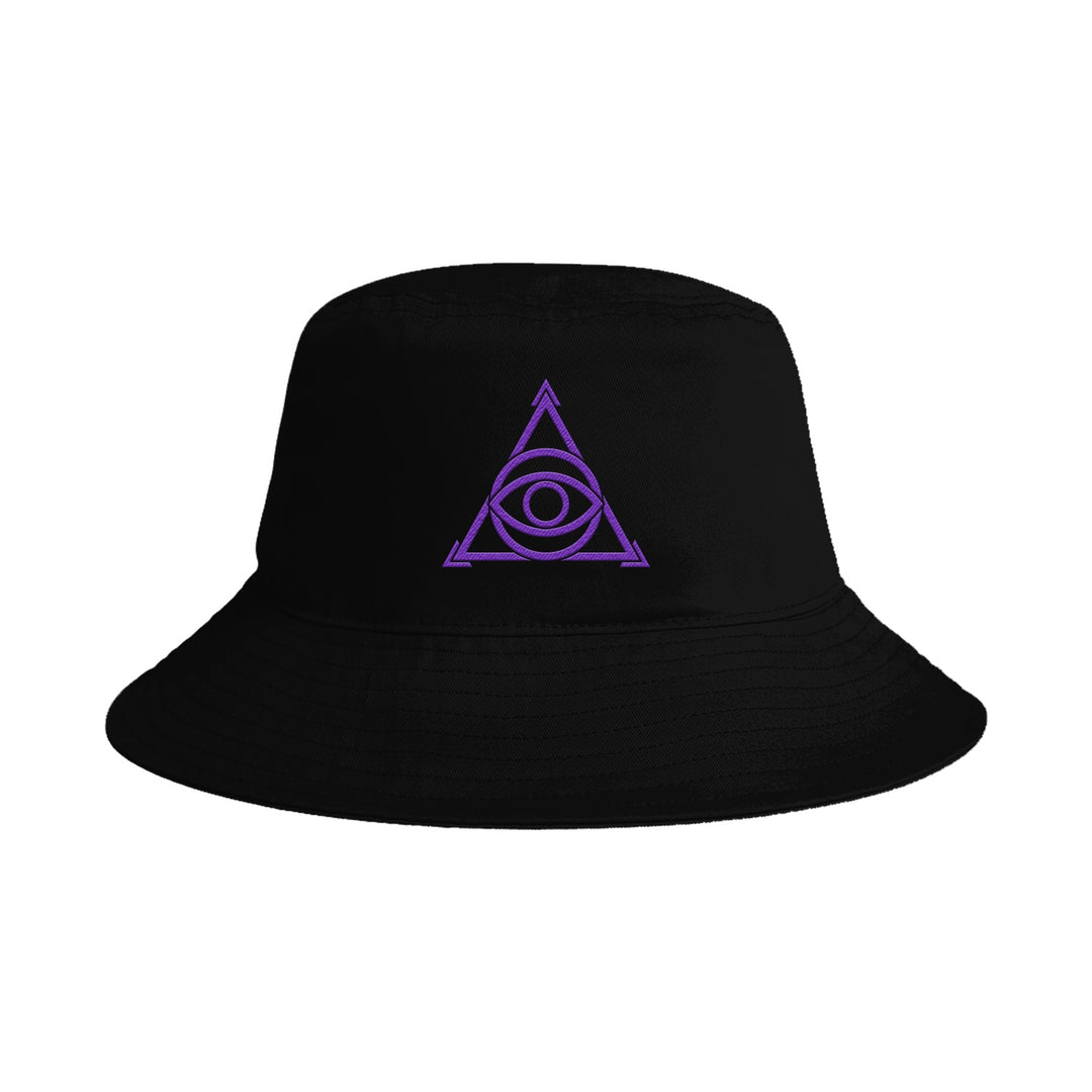 The Eidola black bio-washed chino twill bucket hat features a purple outlined triangle with an all-seeing eye, expertly embroidered on the front.