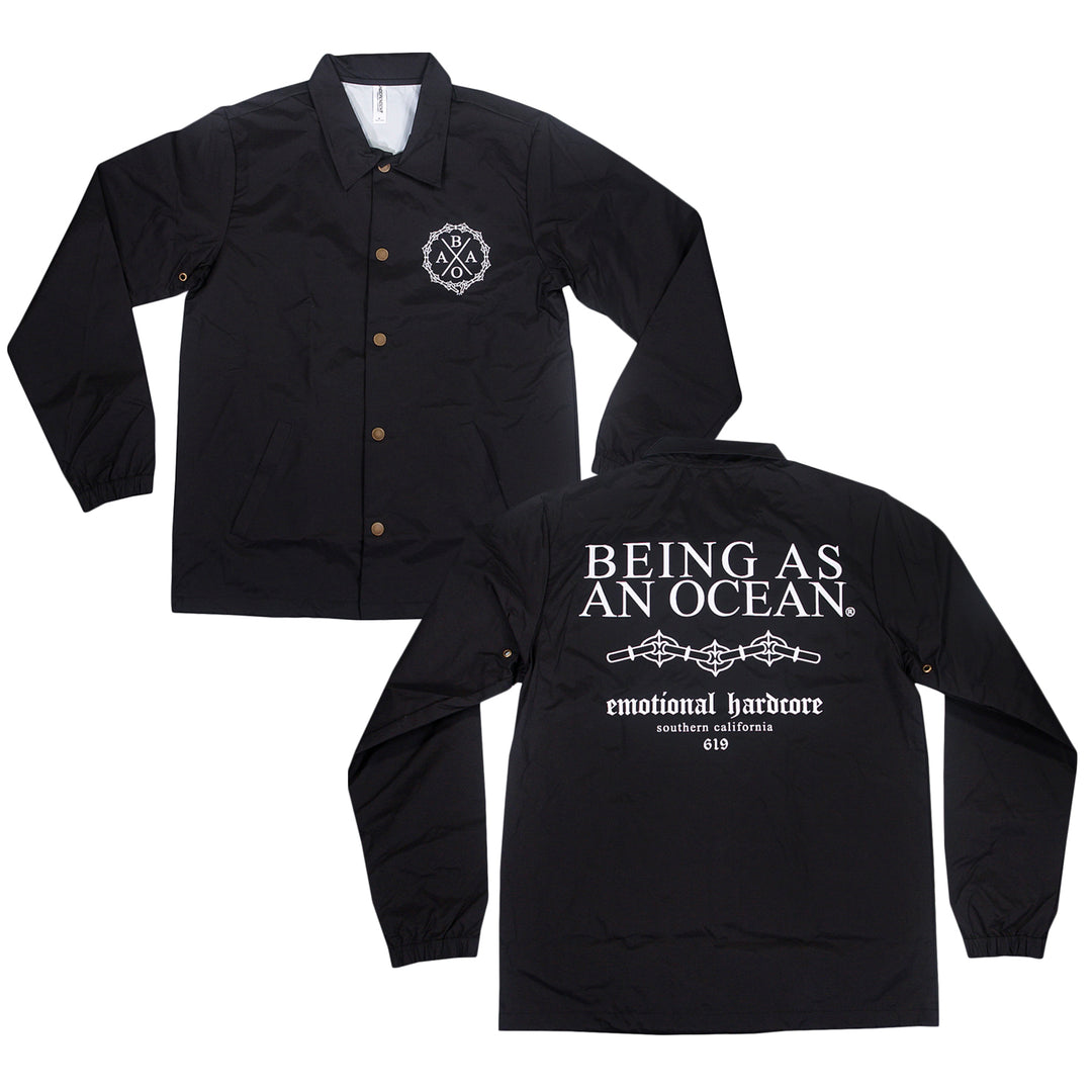 Front and back views of a black coach jacket featuring a small BAAO logo on the chest and the text BEING AS AN OCEAN with emotional hardcore and southern california on the back.