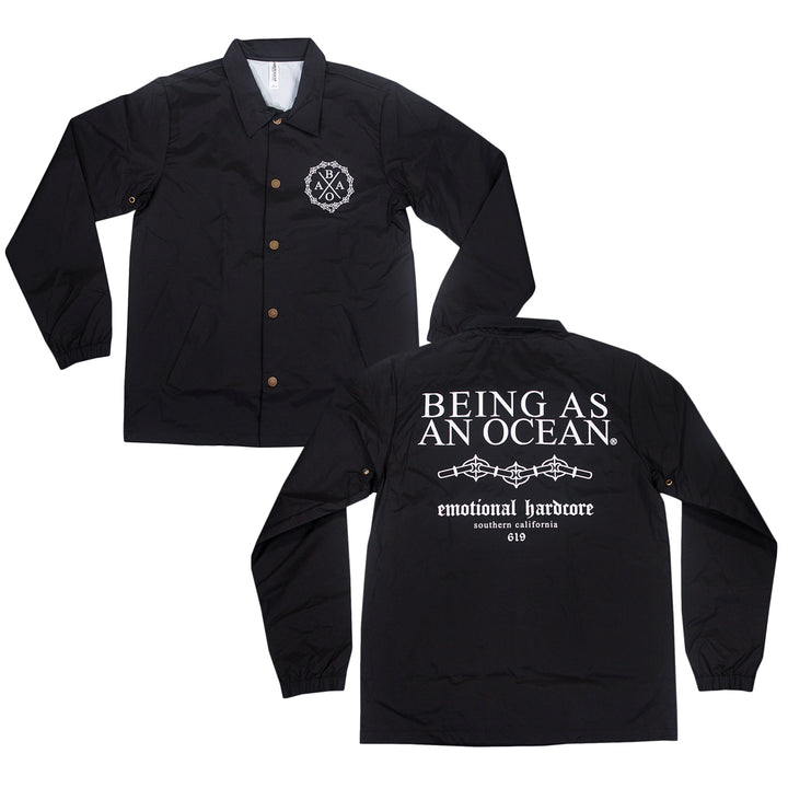 Front and back views of a black coach jacket featuring a small BAAO logo on the chest and the text BEING AS AN OCEAN with emotional hardcore and southern california on the back.