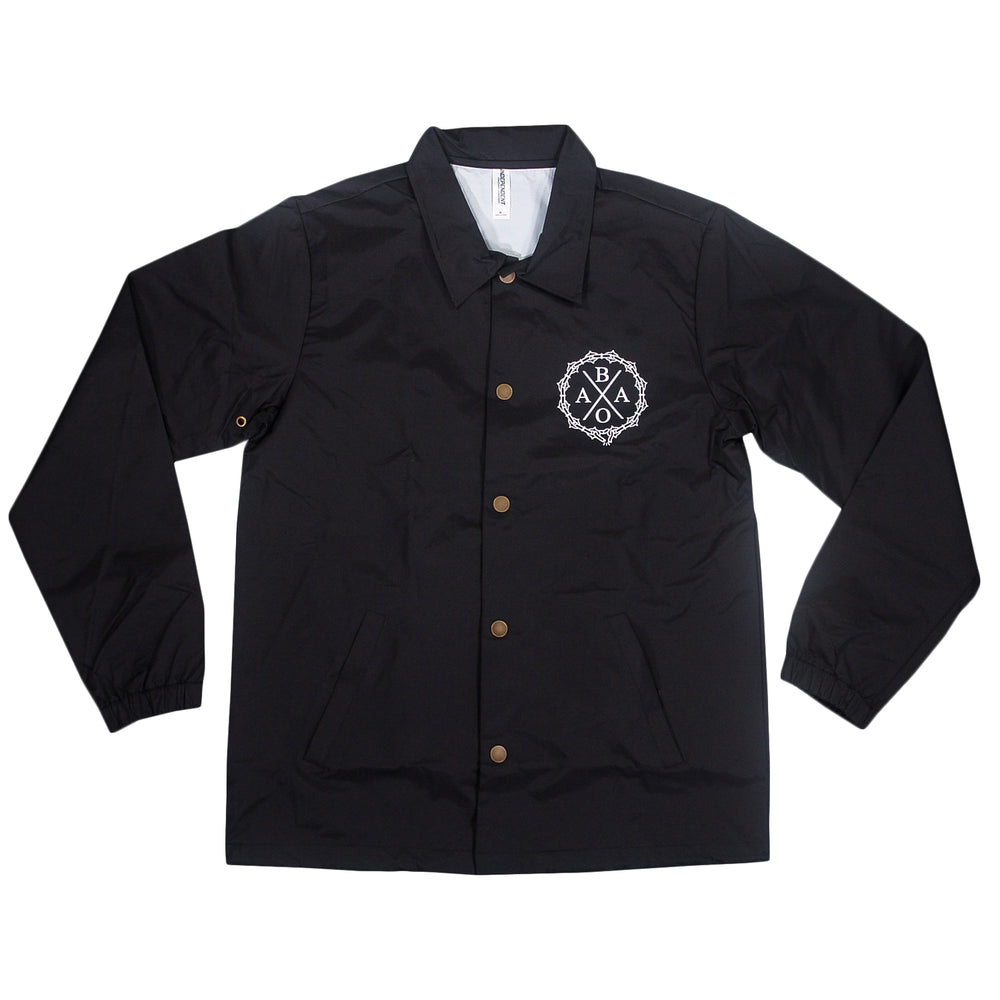 Black button-up coachs jacket with a white logo on the left chest featuring the letters B, A, and O inside a circular design.