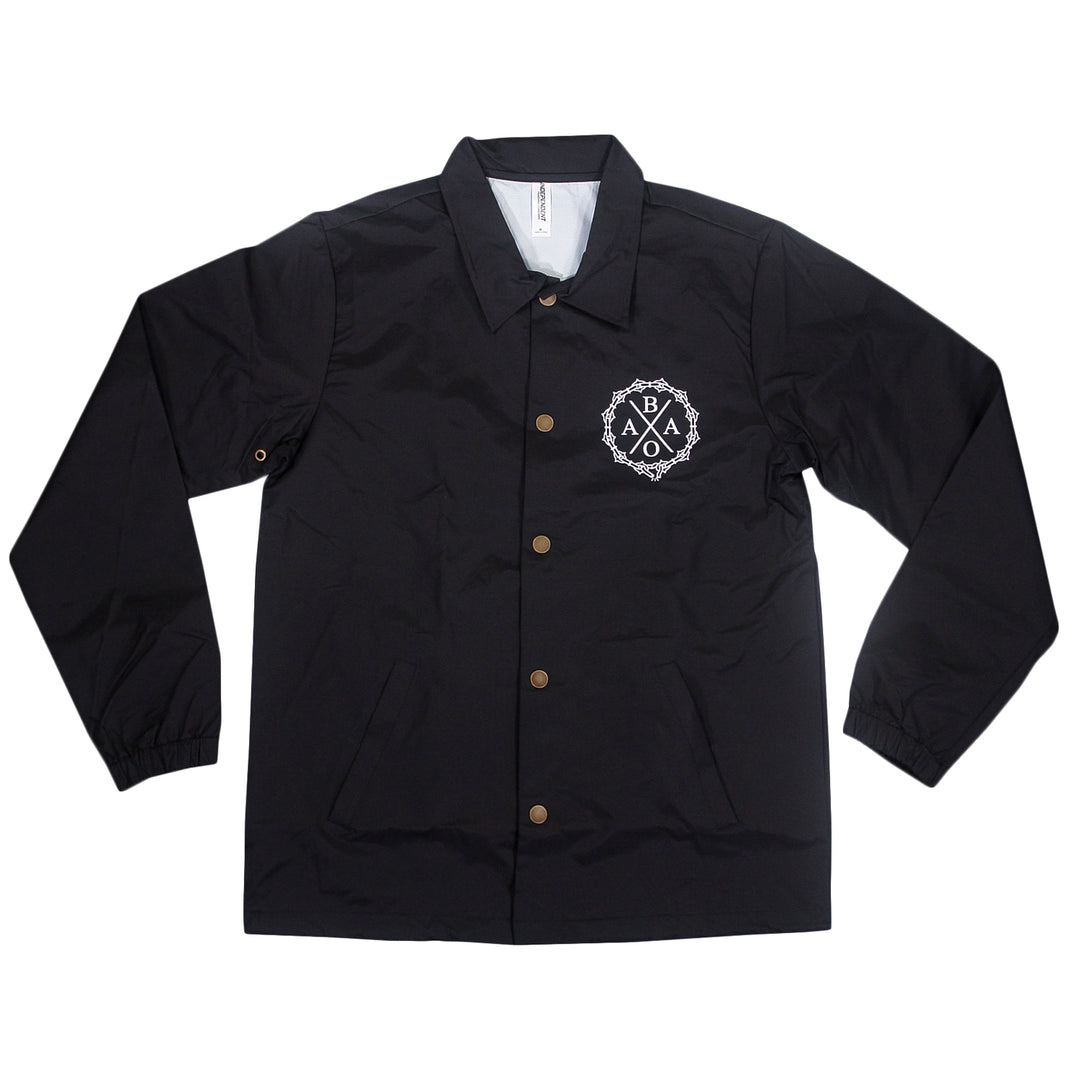 Black button-up coachs jacket with a white logo on the left chest featuring the letters B, A, and O inside a circular design.