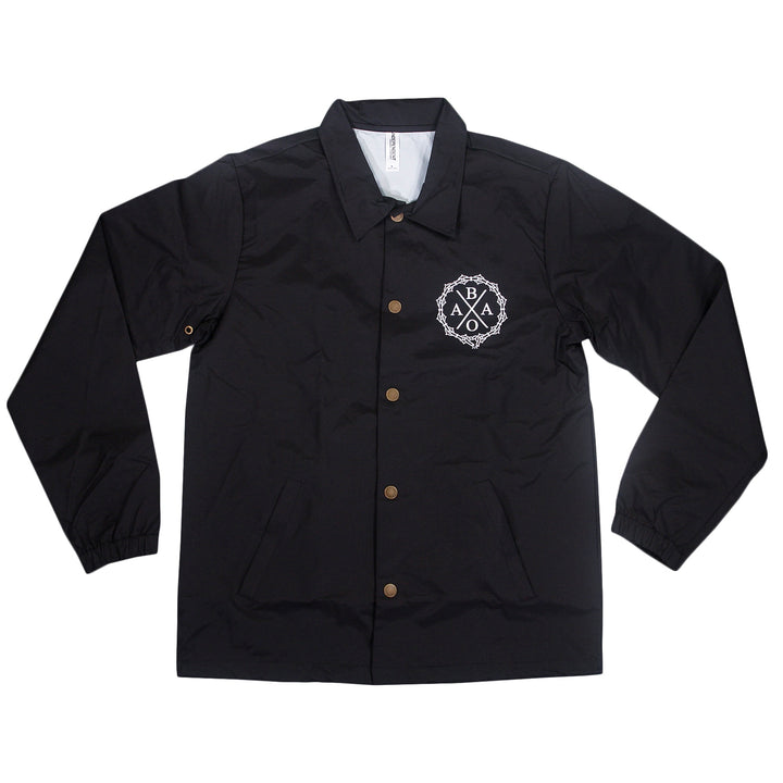 Black button-up coachs jacket with a white logo on the left chest featuring the letters B, A, and O inside a circular design.