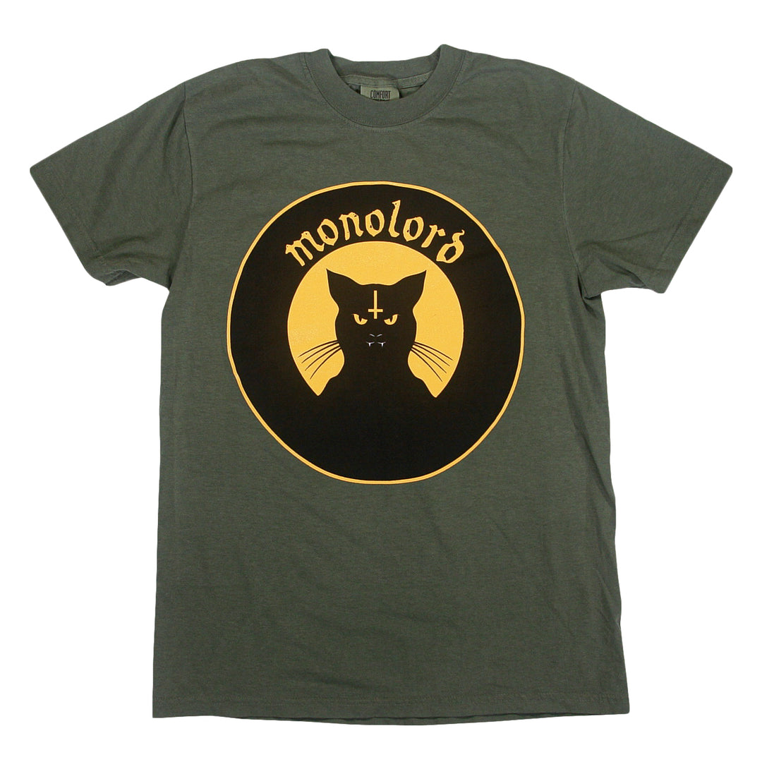 Dark green Comfort Colors t-shirt with a circular graphic of a black cat, an inverted cross on its forehead, and the word monolors written above.