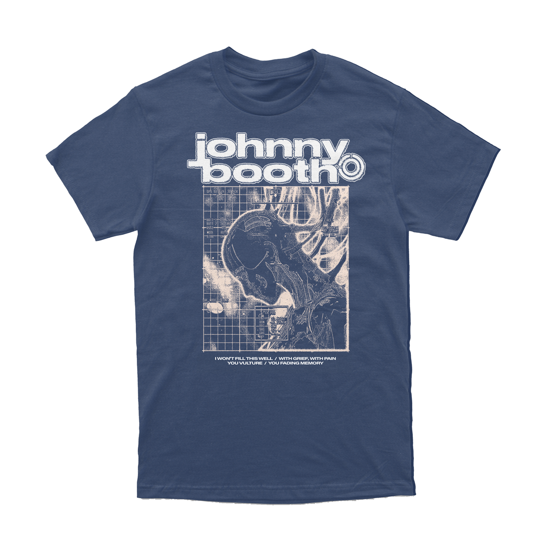 Navy blue Johnny Booth Comfort Colors T-Shirt featuring the band’s name above an abstract, anatomical side-view skull graphic with technical grid lines and white text below the image. Made from soft, garment-dyed ring-spun cotton for a comfortable, lived-in feel.