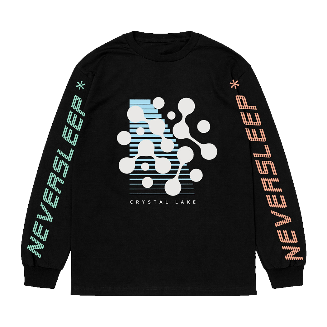 Black long-sleeve shirt from Crystal Lake featuring bold white abstract shapes and blue lines on the chest, “CRYSTAL LAKE” printed beneath the graphic, and “NEVERSLEEP” running down both sleeves in striking teal and orange—a standout piece of premium printed apparel.