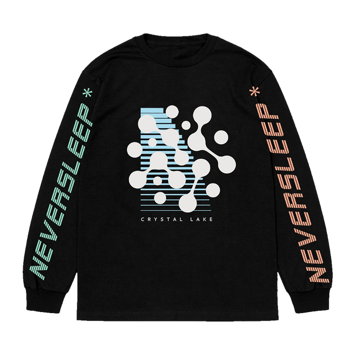 Black long-sleeve shirt from Crystal Lake featuring bold white abstract shapes and blue lines on the chest, “CRYSTAL LAKE” printed beneath the graphic, and “NEVERSLEEP” running down both sleeves in striking teal and orange—a standout piece of premium printed apparel.
