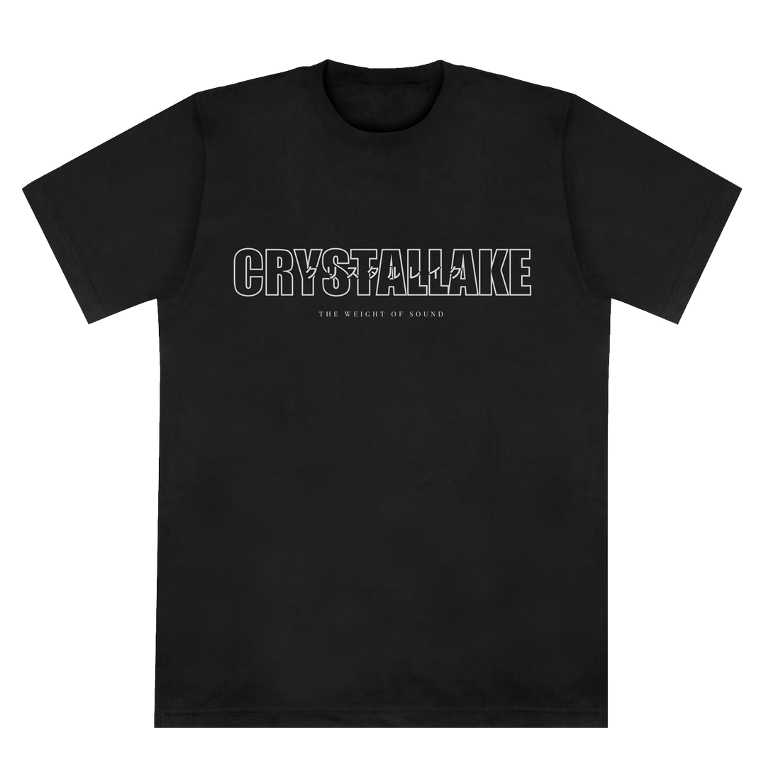 Black t-shirt by Crystal Lake, made from premium American Apparel fabric, showcasing “CRYSTAL LAKE” in bold outlined letters with “THE WEIGHT OF SOUND” in smaller text below—centered on the chest for a striking look that stands out for printed apparel enthusiasts.
