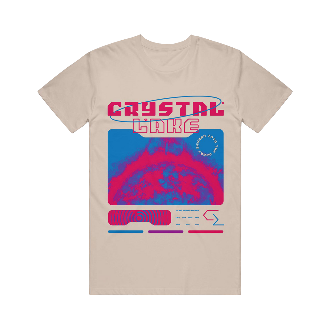 Crystal Lake beige t-shirt with bold red and pink CRYSTAL LAKE text, a large abstract blue and magenta graphic, geometric accents, and white LOST IN ANOTHER WAVE text.