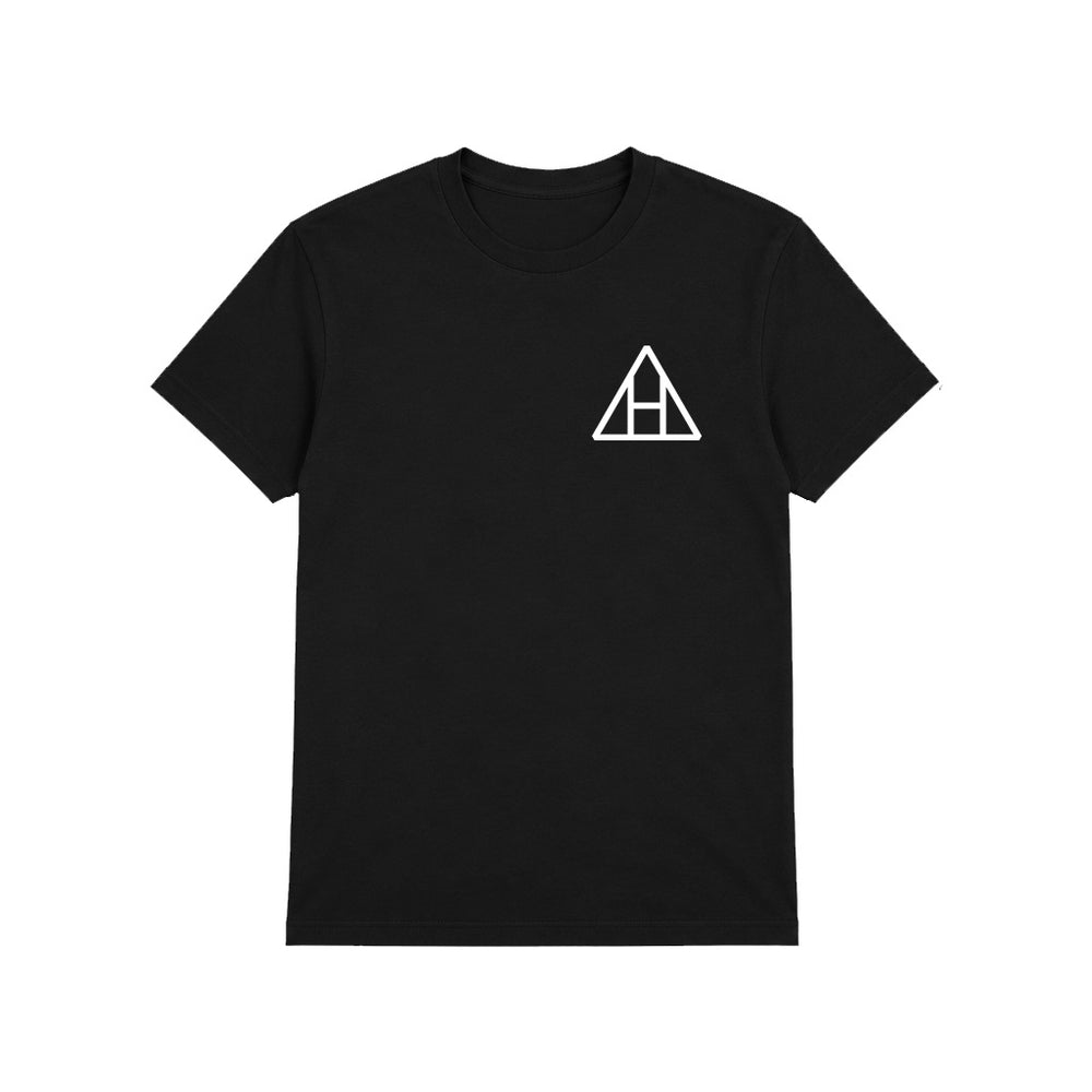 Black t-shirt with a small white geometric logo resembling a triangle divided into three sections, located on the left side of the chest—perfect for adding a touch of uniform style to your everyday look.