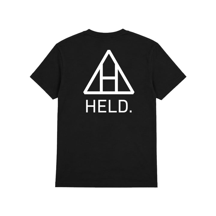 This black t-shirt features a large white geometric logo resembling an H inside a triangle on the back, with the word HELD. written below the design—a bold look perfect for casual wear or as part of a modern uniform.