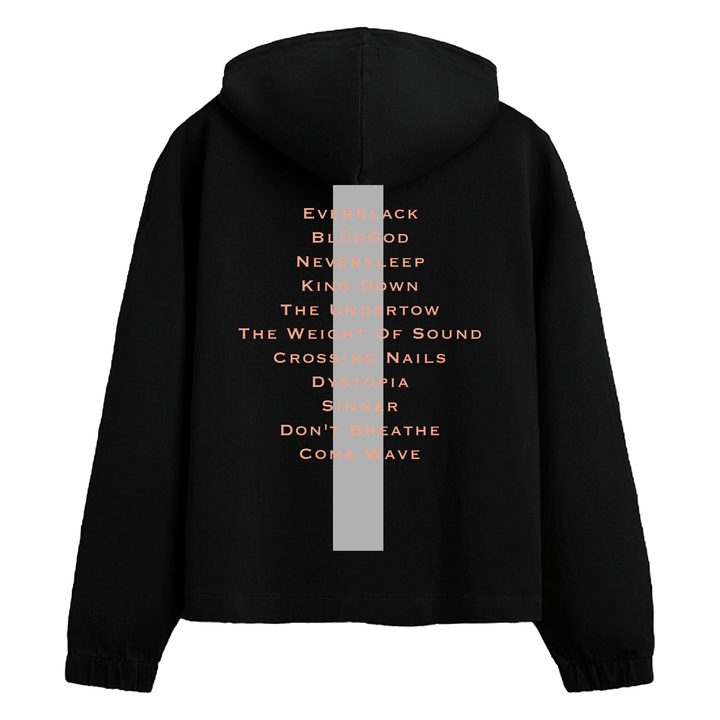 A Crystal Lake black hooded sweatshirt featuring a vertical gray stripe and orange-printed song titles listed down the center of the back.