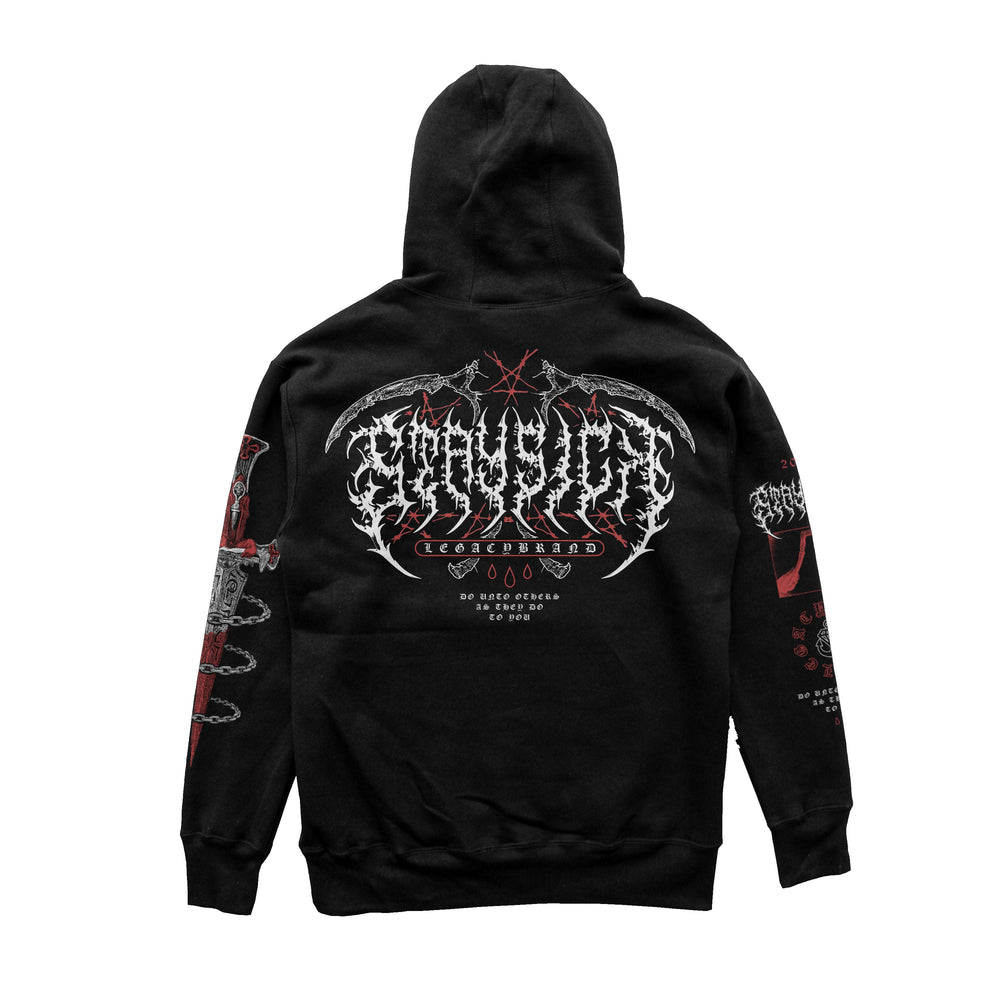 Stay Sick Clothing black pullover hoodie shown from the back, with a detailed white and red Do Unto Others graphic logo and extra red/white designs on both sleeves. Hood is up, so the front isnt visible.