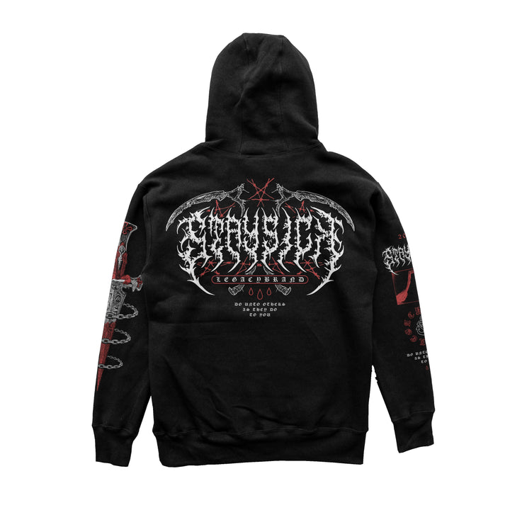 Stay Sick Clothing black pullover hoodie shown from the back, with a detailed white and red Do Unto Others graphic logo and extra red/white designs on both sleeves. Hood is up, so the front isnt visible.