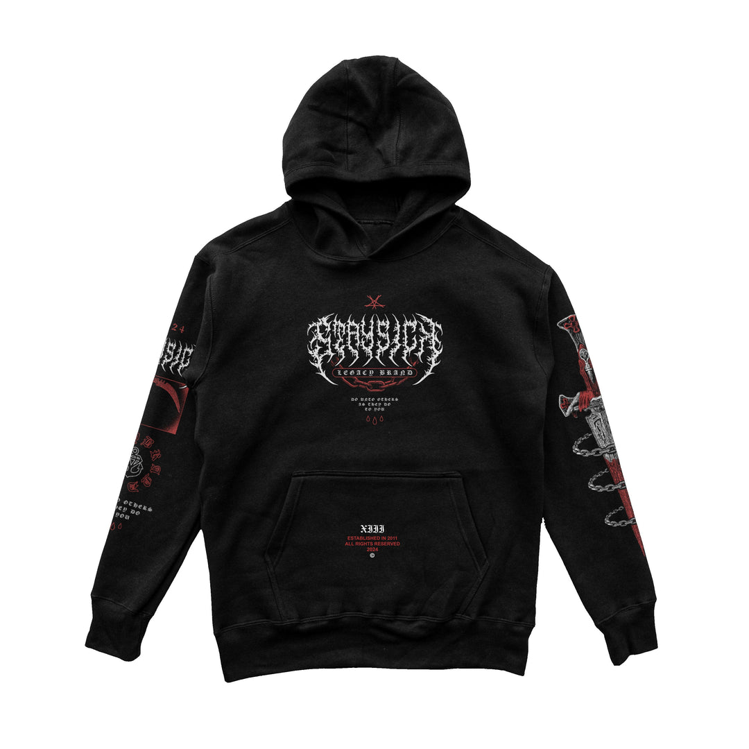 Stay Sick Clothing black pullover hoodie with bold Do Unto Others logo across the chest, plus white and red graphic text and intricate designs on the front, sleeves, and pocket.