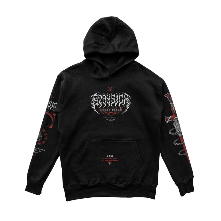 Stay Sick Clothing black pullover hoodie with bold Do Unto Others logo across the chest, plus white and red graphic text and intricate designs on the front, sleeves, and pocket.
