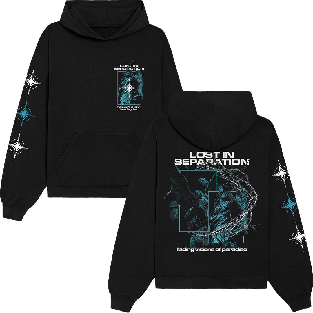 Lost In Separation black hoodie featuring "LOST IN SEPARATION" and "fading visions of paradise" text, abstract blue graphics and rectangular artwork on front and back, plus white and blue star-like sleeve designs.