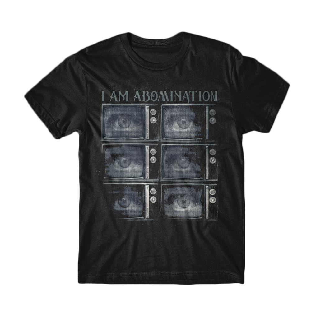Classic fit black t-shirt by I Am Abomination, made from 100% cotton Gildan Heavy Cotton, featuring six vintage TV screens with eyes and the words “I AM ABOMINATION” printed above.