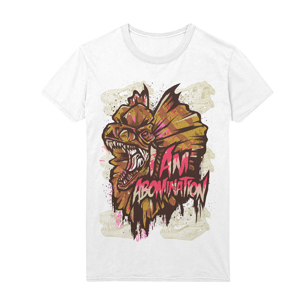 A white T-shirt from I Am Abomination featuring a fierce, stylized fish with sharp teeth and bold "I AM ABOMINATION" text in bright pink and white alongside the graphic.