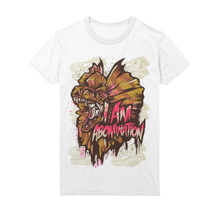A white T-shirt from I Am Abomination featuring a fierce, stylized fish with sharp teeth and bold "I AM ABOMINATION" text in bright pink and white alongside the graphic.