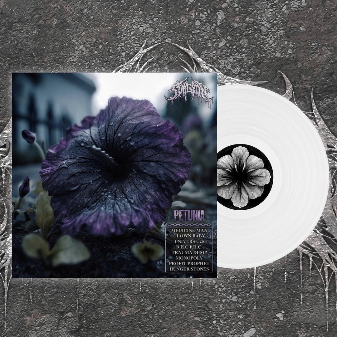 The vinyl record album cover for Surgeon: Petunia features a dark purple flower and a tracklist, displayed next to a white vinyl record with a floral center label.
