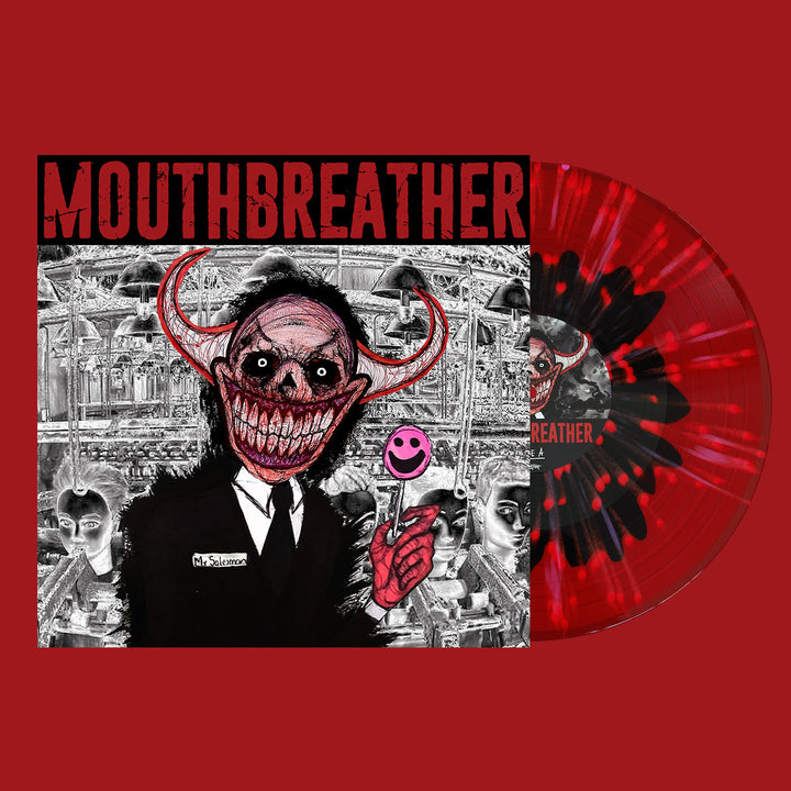 The MouthBreather Wasted Life album cover shows a grinning, horned figure in a suit with a pink smiley face, chaotic black-and-white background, and red splattered vinyl; tracklist will be revealed on the 9/17/2021 release date.