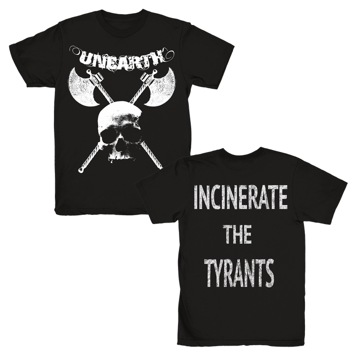 Black Gildan Heavy Cotton t-shirt from Unearth features two crossed axes and a skull with UNEARTH above on the front; back says INCINERATE THE TYRANTS in bold distressed letters—ideal for fans of heavy cotton printed tees.