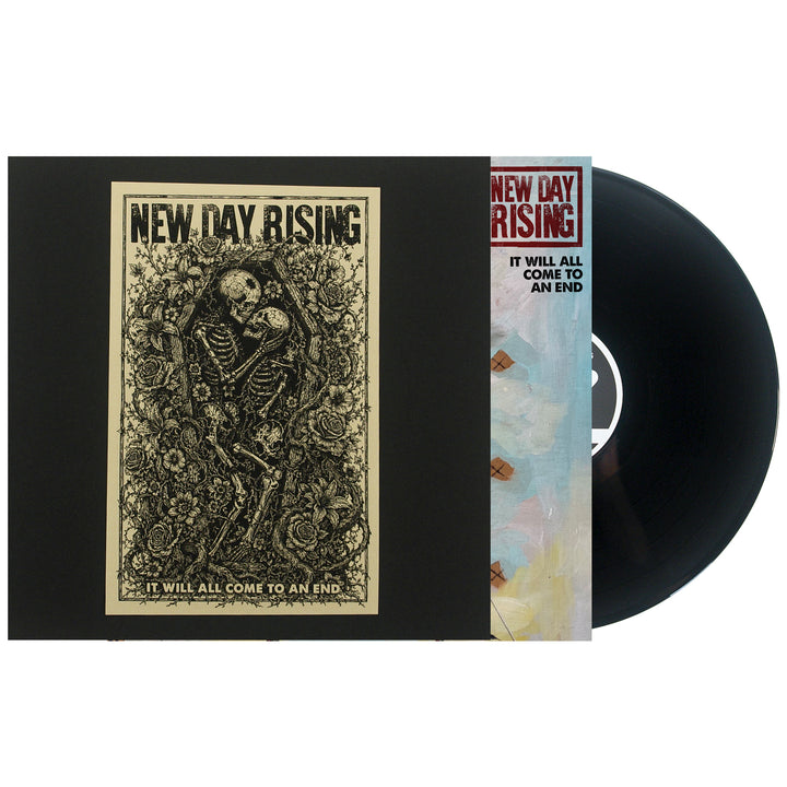 Limited edition vinyl for New Day Rising’s album It Will All Come to an End, featuring cover art of two skeletons in a coffin surrounded by roses.